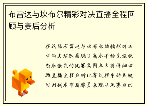 布雷达与坎布尔精彩对决直播全程回顾与赛后分析